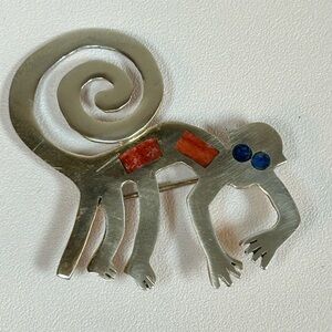 Sterling Silver 924 Inlay Peruvian Nazca Lines Geoglyphic Monkey Brooch Pin